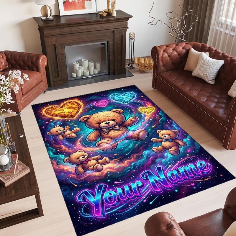 Teddy Bear Theme Crystal Velvet Rug Personalized Custom Name Text Soft Floor Mat Home Decor