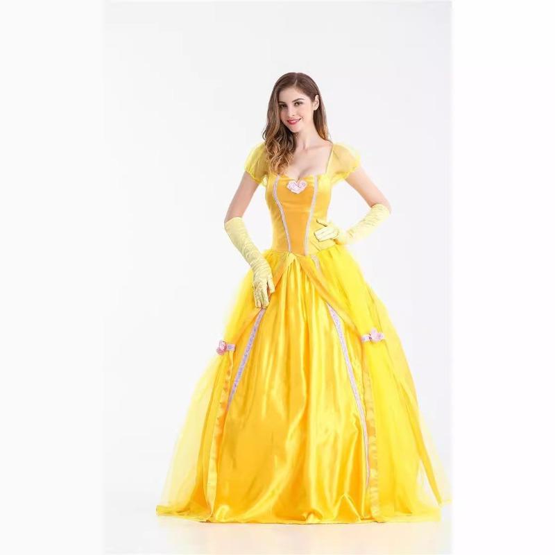 Beautiful woman and beast halloween adult bell princess yellow dress, masquerade costume