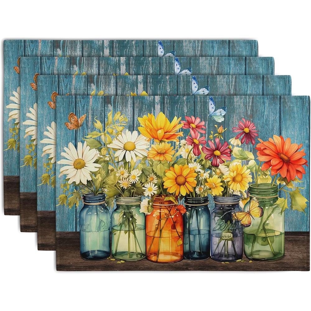 Rustic Daisy Placemats Vintage Flower Vases Wood Grain Linen Table Mats 30x45cm Summer Floral Wooden Board Farmhouse Washable