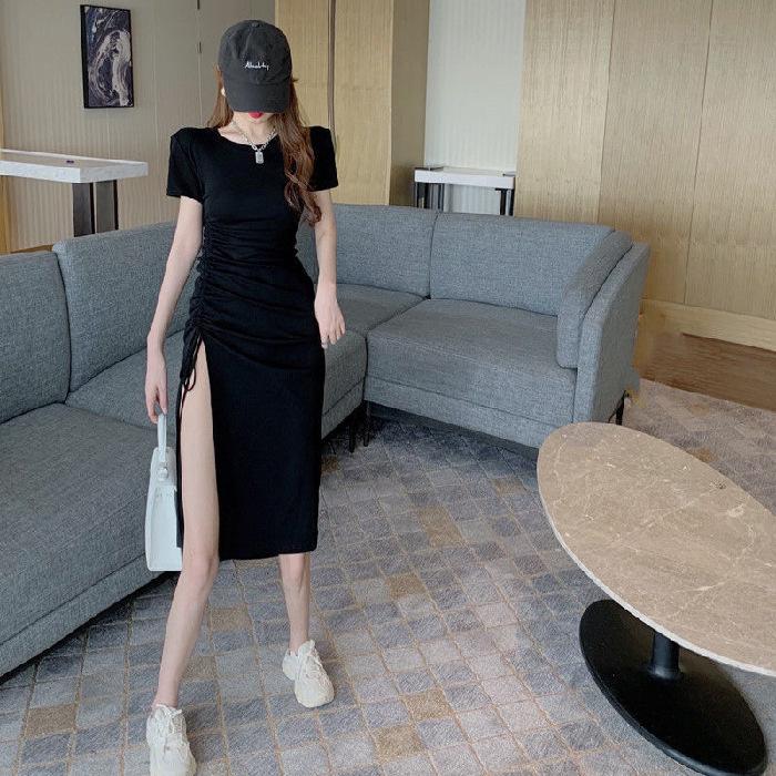 New Summer Temperament Drawstring Slit Dress for Women's Waist-length Mid-length Slim Hip-packing Skirt