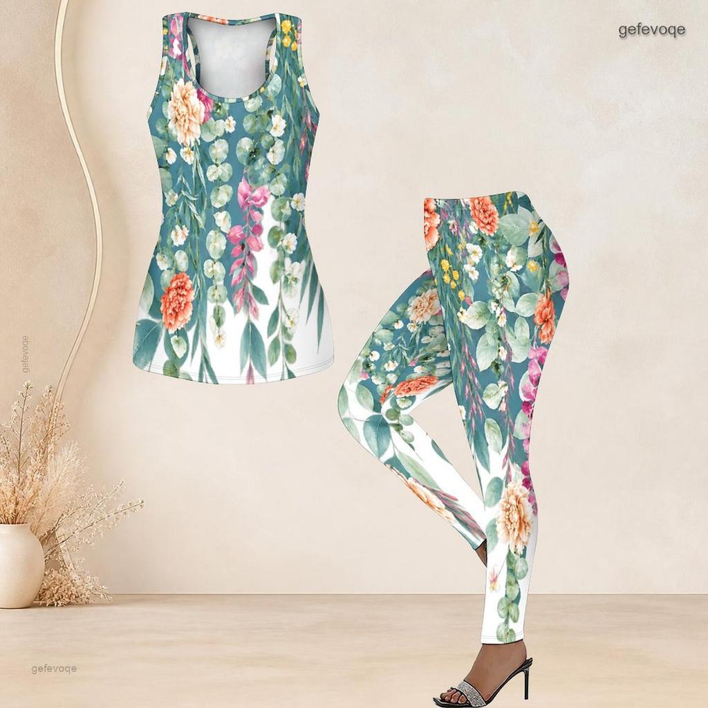 Women Plus Size Two Piece Set Scoop Neck Sleeveless Floral Printed Longline Tank Top Fitted Leggings