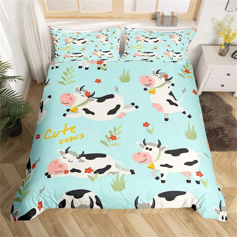 Süt İneği Turuncu Desenli Nevresim Kılıfı İnek Portakal Tutan Çizgi Film Meyve Hayvan Çocuk Kız Beyaz Polyester Yorgan Kılıfı Yatak Odası Dekoru