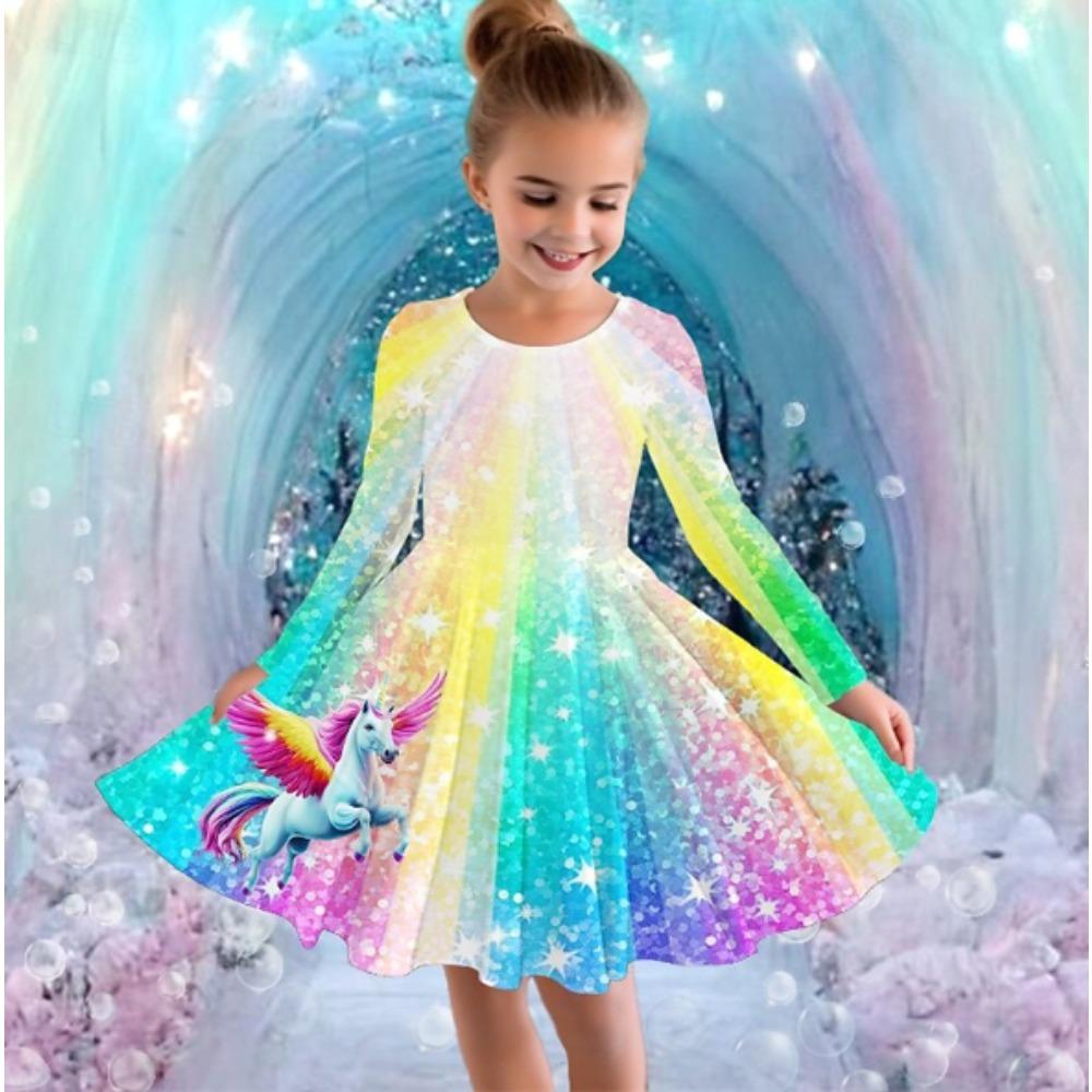 Mädchen Freizeitkleid mit 3D-Einhorn-Print, Rundhalsausschnitt, lange Ärmel, Kinder Prinzessinenkleid