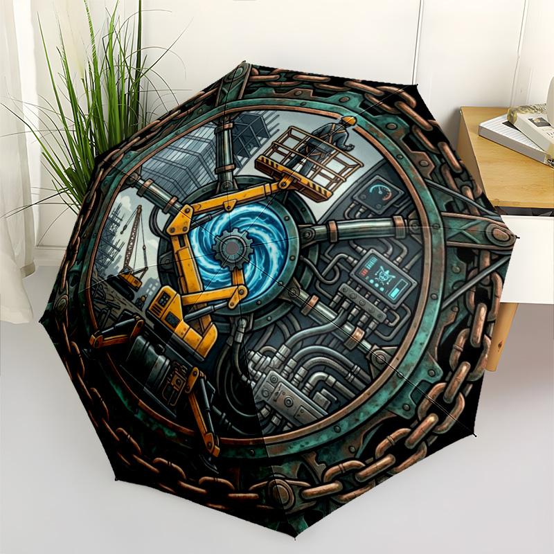 Industrial Gear Mechanism pattern umbrella, portable and foldable design, 8 ribs, a casual accessory for Halloween, Christmas, and birthday gifts.