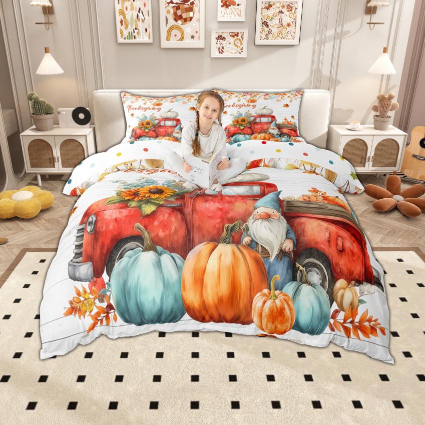 Homewish Hello Fall Duvet Cover Set Autumn Pumpkin Bedding Set Rustic Farmhouse Truck Quilt Cover Set