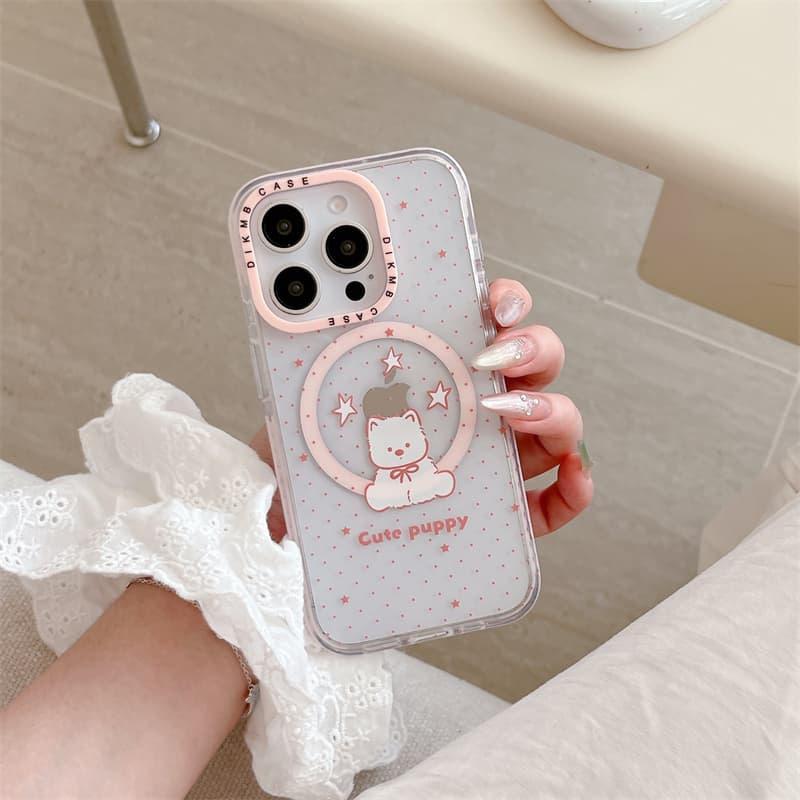 

Kawaii Cute Puppy Magnetic Pop Stand Clear Phone Case For iPhone 14 15 16 17 Pro Max INS Pink Star Shockproof Cover For iPhone 17ProMax