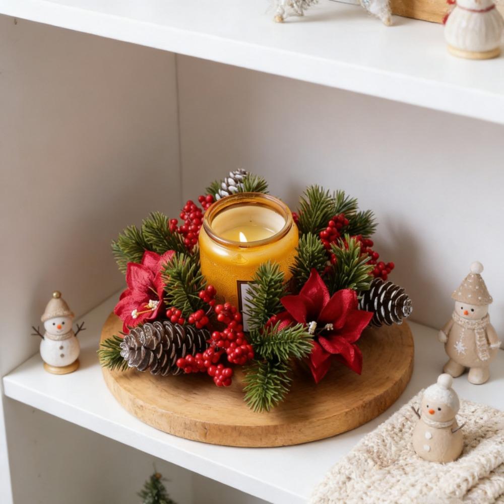 Artificial Pinecone Berry Christmas Candlestick Wreath Simulated Plastic Candle Ring Wreath Decorative Table Wreath Centerpiece