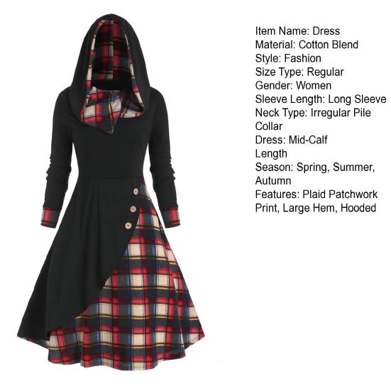 Irregular Pile Collar Hooded Button Decoration Waist Tight Autumn Dress Women Plaid Patchwork