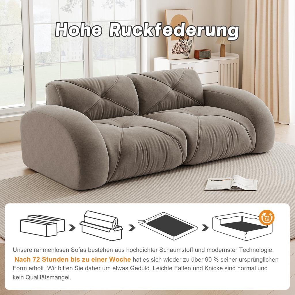 Frameless Modular 2-Seater Sofa, High-Density 32D Foam, Suitable for Living Room, Chenille Fabric, Non-Slip Design, No Assembly Required, Brown