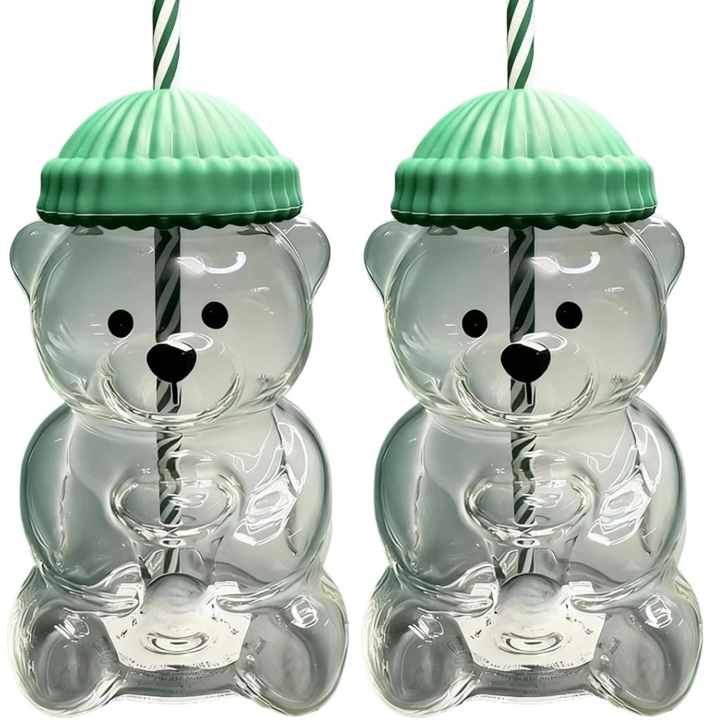 Cute Bear Shaped Glass Cup with Green Lid & Striped Straw, Transparent Animal Design BeverageContainer forCoffeeTea, Ideal Gift