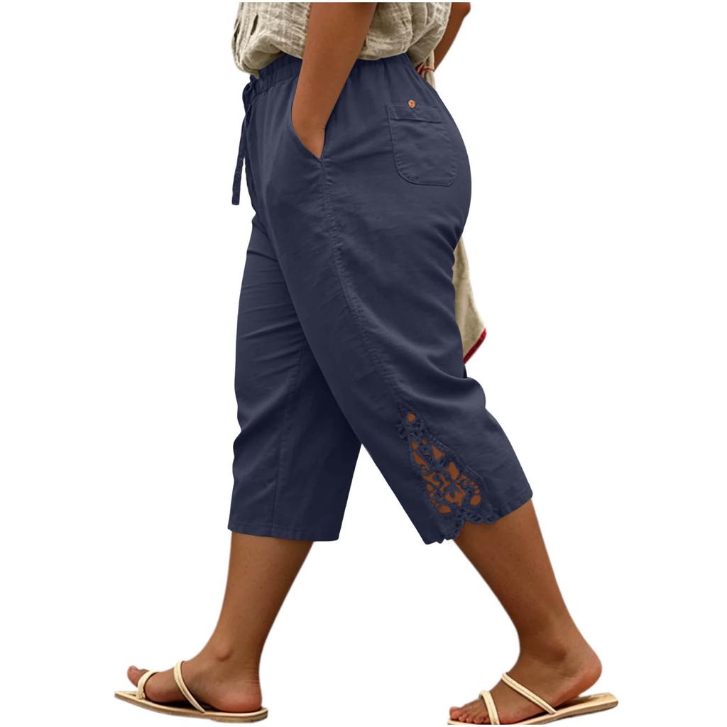 Women's Plus Size Pants Loose Fit Casual Cotton Linen with Embroidery Lace Trim