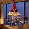 Candy Cane Striped Garland Lights Lighted Santa Hat Hanging Chandelier, Warm LED Christmas String, Sequined Cone Pendant Decor with String for