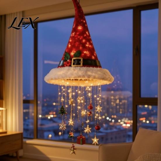 Candy Cane Striped Garland Lights Lighted Santa Hat Hanging Chandelier, Warm LED Christmas String, Sequined Cone Pendant Decor with String for