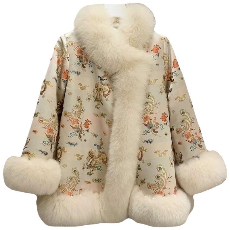 Medium splicing imitation fox fur imitation fur jacket female court celebrity satin Tang suit medium and long nail beads fluff