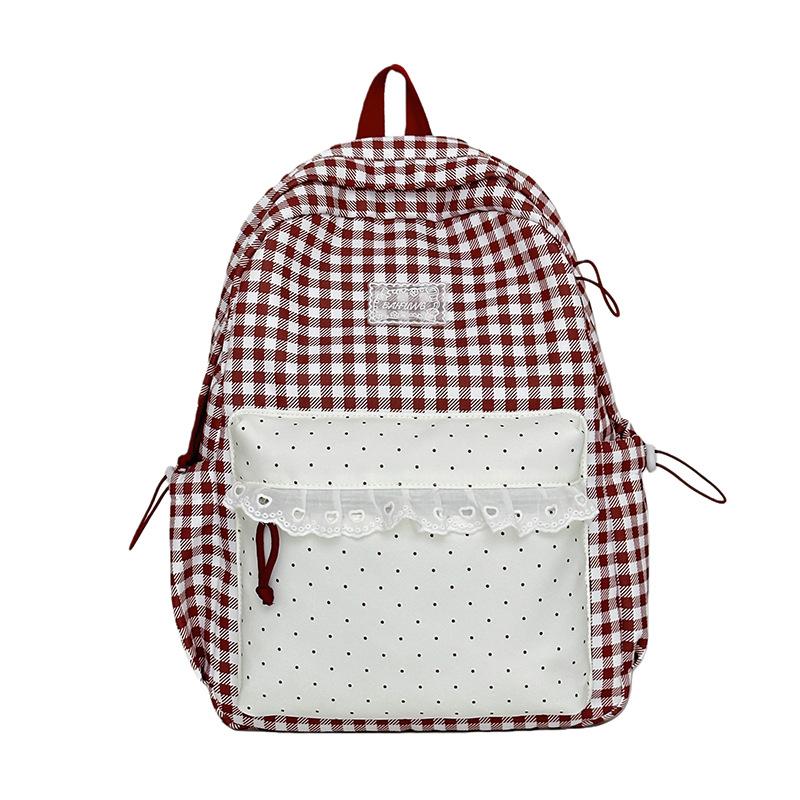 Schoolbag Casual Versatile Plaid Polka Dot Lace Backpack Girl Heart Japanese Sweet Wind Student Party Backpack Girl