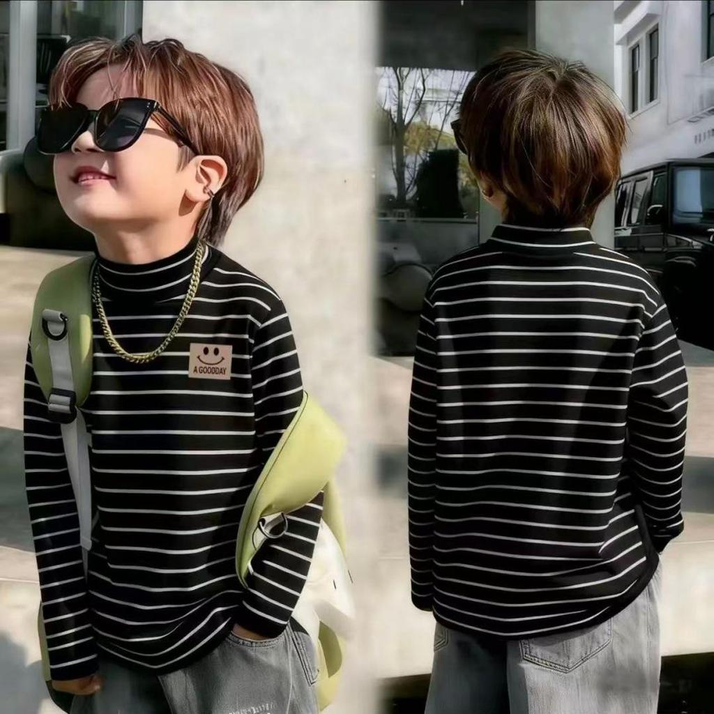 Children's Thermal Fleece Striped Long Sleeve Shirt with Half-High Collar for Boys and Girls (Autumn/Winter)