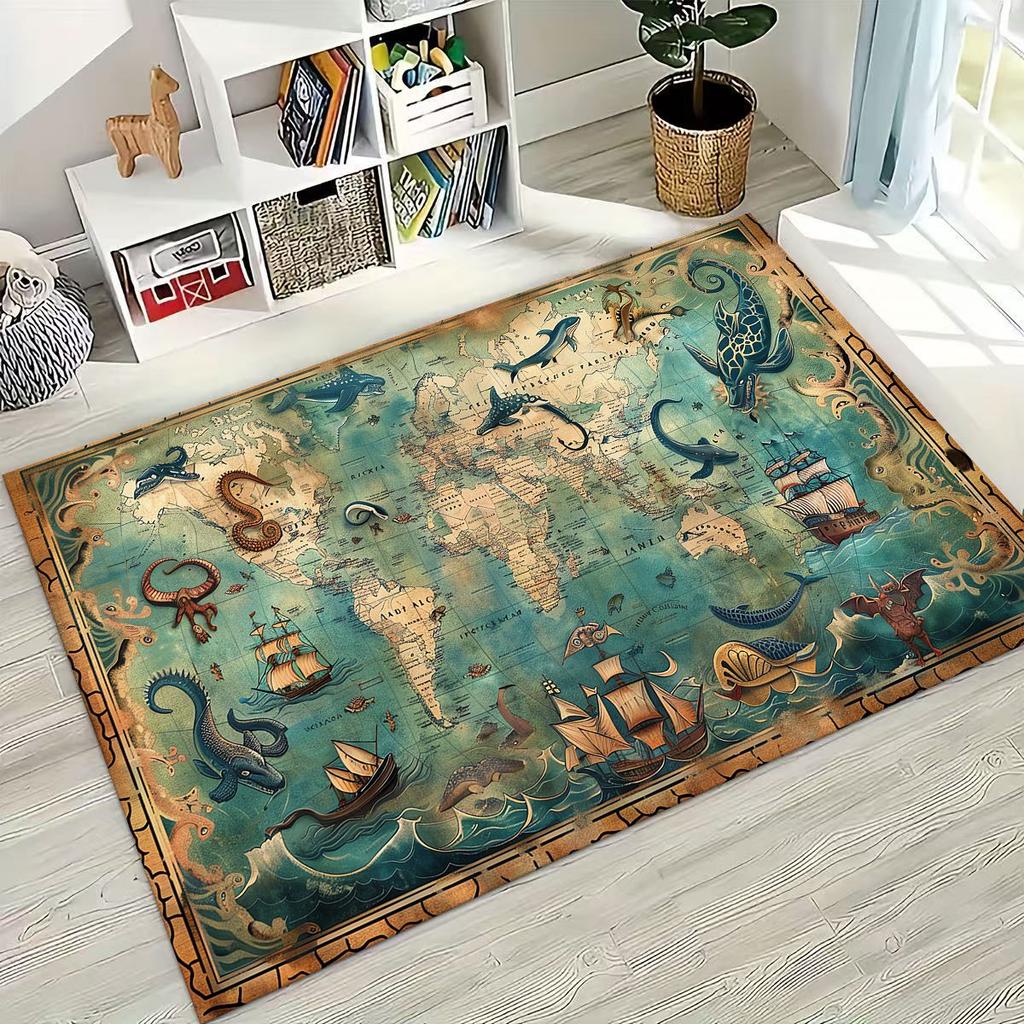 Retro Nautical Map Chart Treasure Map Compass Moto Rug for Bedroom Living Room Sofa Home Doormat Decor,Kids Non-slip Floor Mat