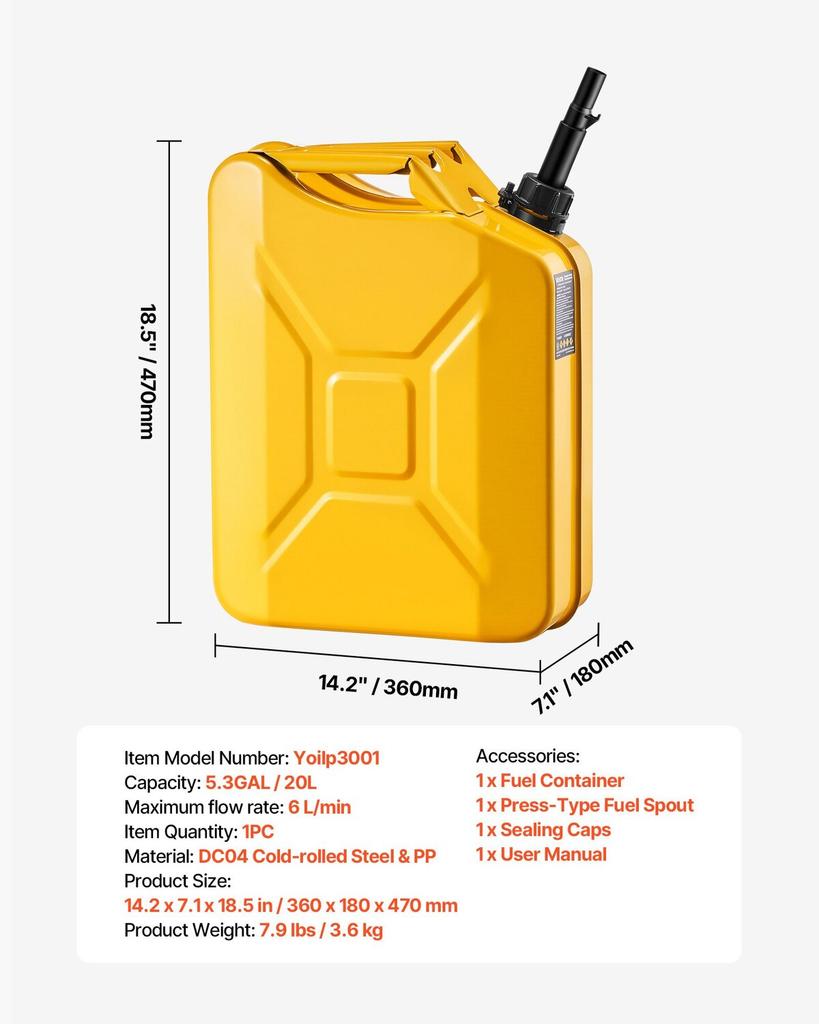Metal Fuel Container, 20 L, Fuel Jerry Can with Spout and Comfort Handle, 6 L/min Max Flow Rate, Leakproof & Corrosion-resistant Metal Gas Tank Most
