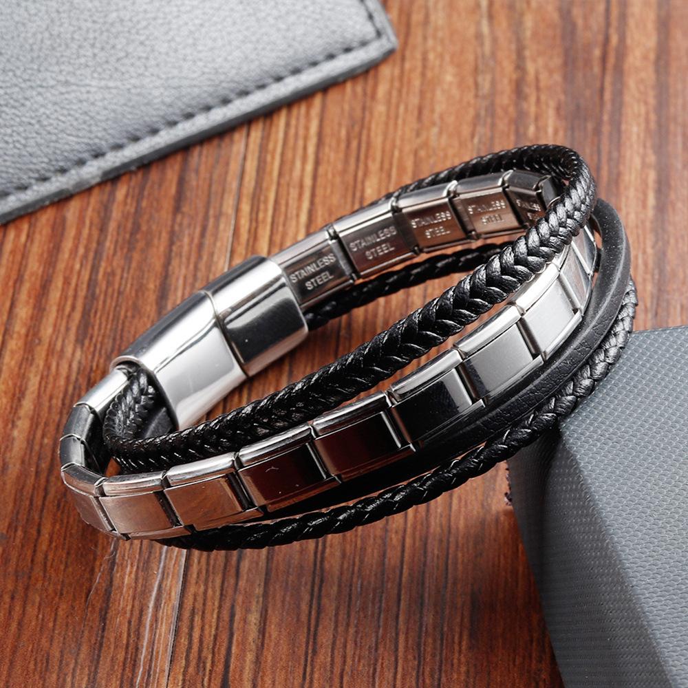 Black Leather Rope Cowhide Men's Double Layer Genuine Leather Woven Bracelet Handmade Multilayer Leather Chain Bracelet 2026