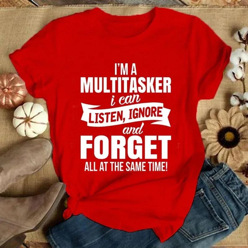 I'm A Multitasker Print T-shirt with Funny Saying Men and Women's Fashion Graphic Tee Black T Shirt Summer Short Sleeve Shirts