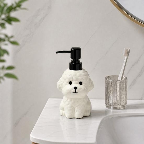 Dispensador de Sabão para Cães em Cerâmica de 400ML com Bomba Plástica, Recipiente Reabastecível em Formato de Filhote para Sabonete Líquido de Mãos, Frasco Vazio para Gel de Banho e Loção para Banheiro