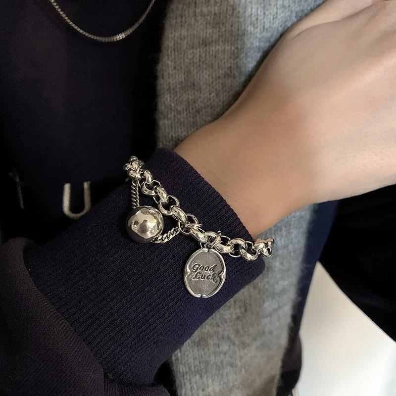 PANJBJ 925 Silve Beads Letters Bracelet for Women Girl Gift Punk Good Luck Simplicity Jewelry