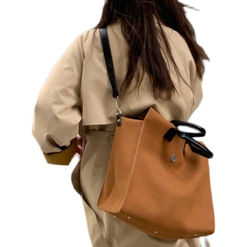 Frosted Suede One-shoulder Tote Bag Large Size Capacity Casual Crossbody Bag Caramel Brown Handbag Durable Material Women