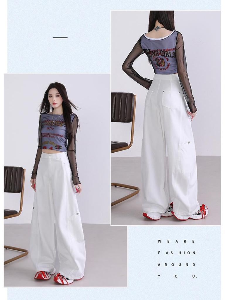 2025 Autumn Women's Spliced Wide-Leg Cargo Pants with Large Pockets