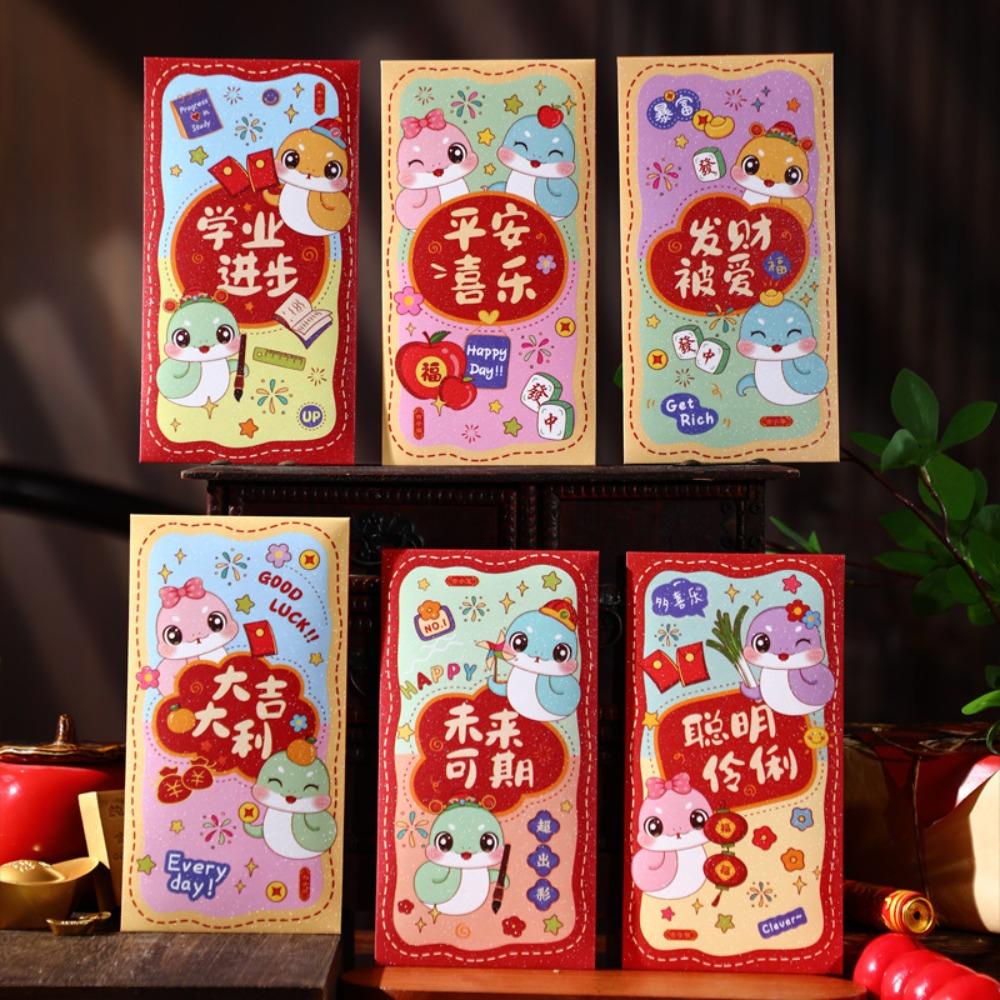6 Stück Traditionelle 2025 Jahr der Schlange Rote Umschläge Hongbao Roter Umschlag Neujahr Glücksgeldbeutel Bonus