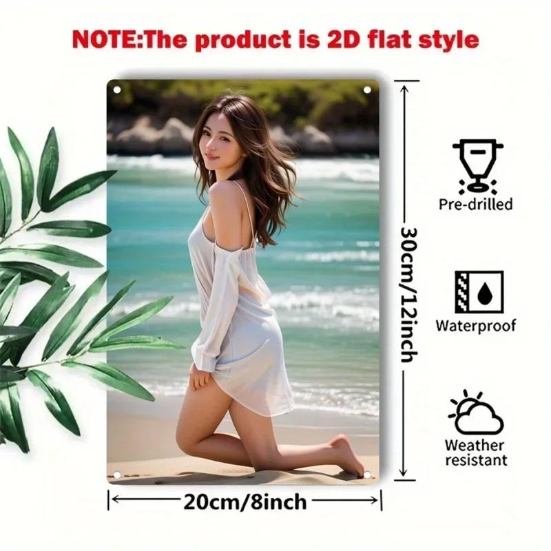 RETRO Advertising Sign Wall Art, Vintage Metal Sign Rustic Beach Decor, Elegant Woman in White Dress 2D Flat Wall Plate