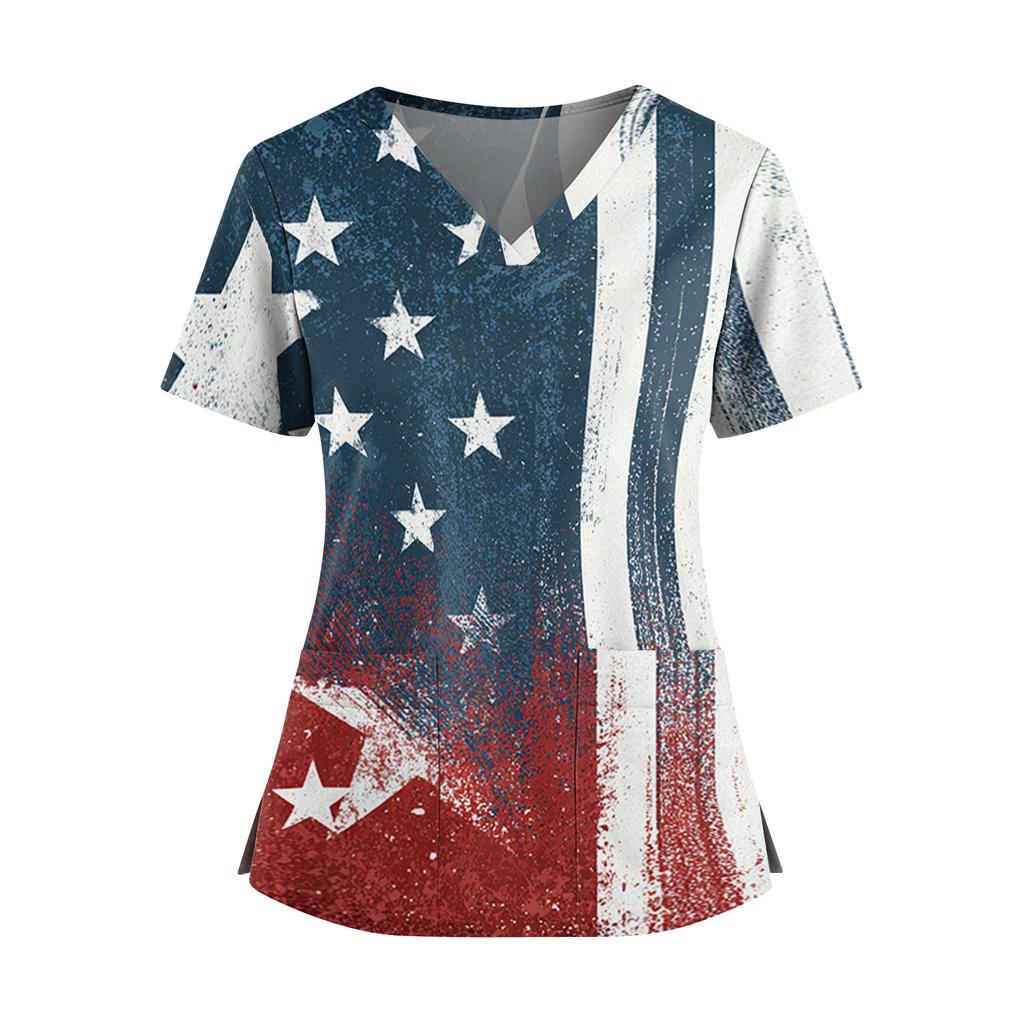 Uniforme de Manga Corta con Estampado del Día de la Independencia para Mujer, Cuello en V, Doble Bolsillo, Dobladillo con Abertura - Top para Cuidador