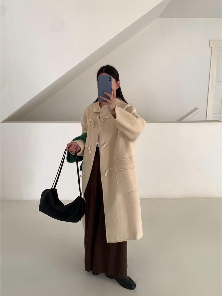 Korean Style Hooded Wool Coat: Women's Mid-Length Double-Faced Cashmere Overcoat with Toggle Buttons for a Slimming Autumn Look