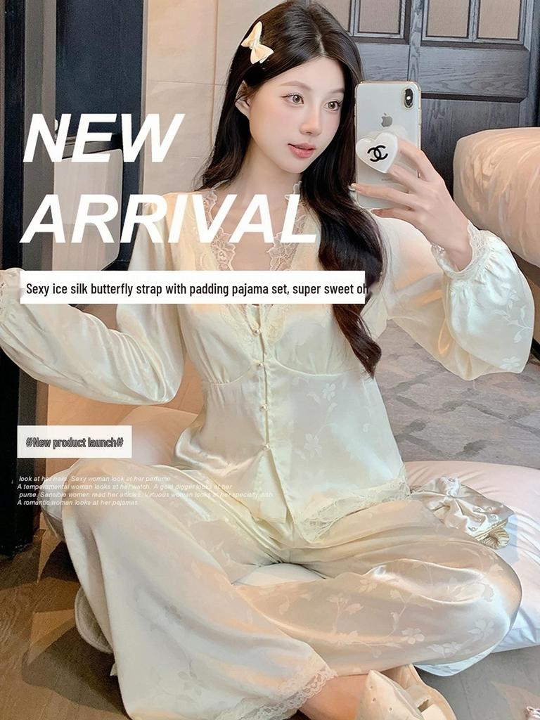 2025 Women's Ice Silk Butterfly Pajamas: Long Sleeve, Chest Pad, Spring/Autumn