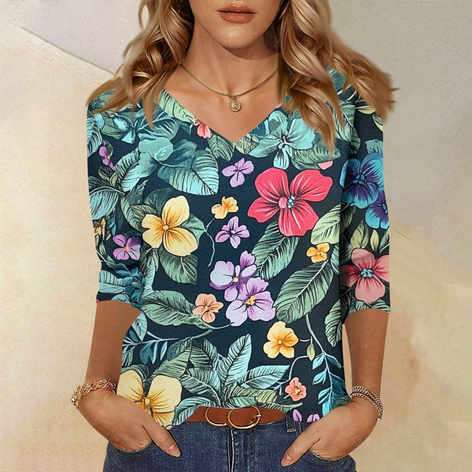 

Женские топы, рубашка с рукавом три четверти, свободная повседневная рубашка с V-образным вырезом, футболка с цветочным принтом M