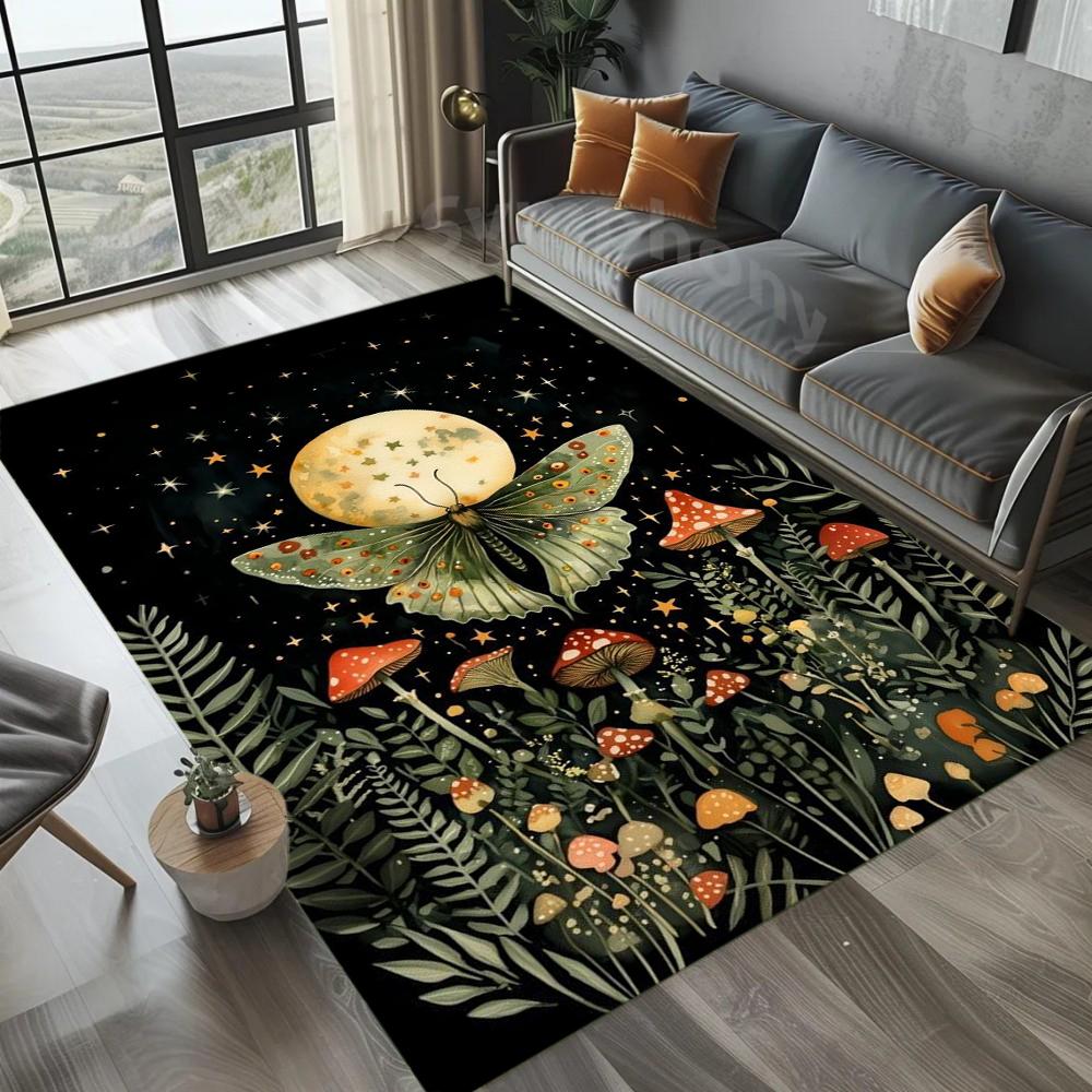 Red Mushroom Butterfly Carpet Starry Moon Rug Mat Home Decoration Mystic Night Pattern Non-Slip Soft Floor Mat for Living Room