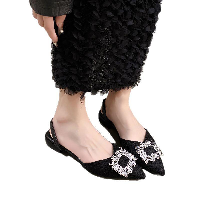 Flat-bottomed French black, fairy rhinestone bag head sandals, spring and summer new Xiaoxiangfeng pointed head girl