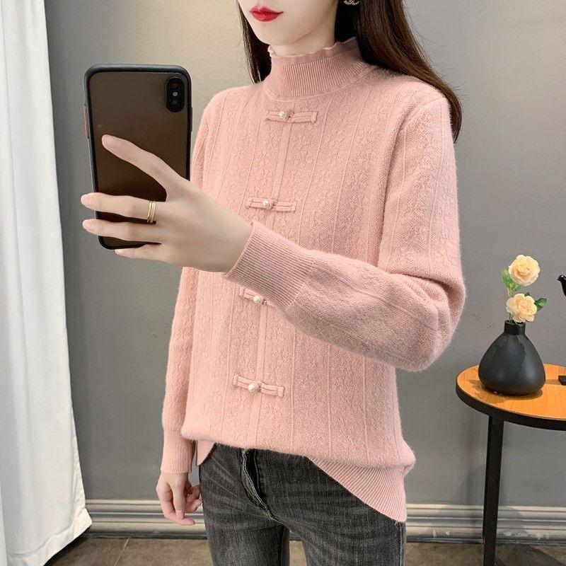 

Женский бархатный утолщенный свитер Зимний теплый модный в китайском стиле кружевной вязаный базовый свитер S розовый