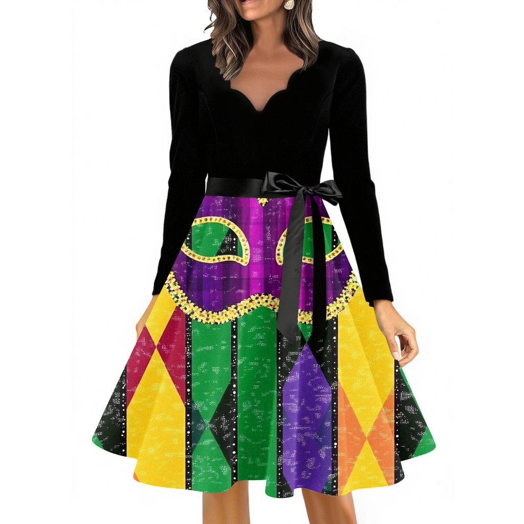 Women's Casual Fashion V Neck Long Sleeve Printed Vintage Long Dress