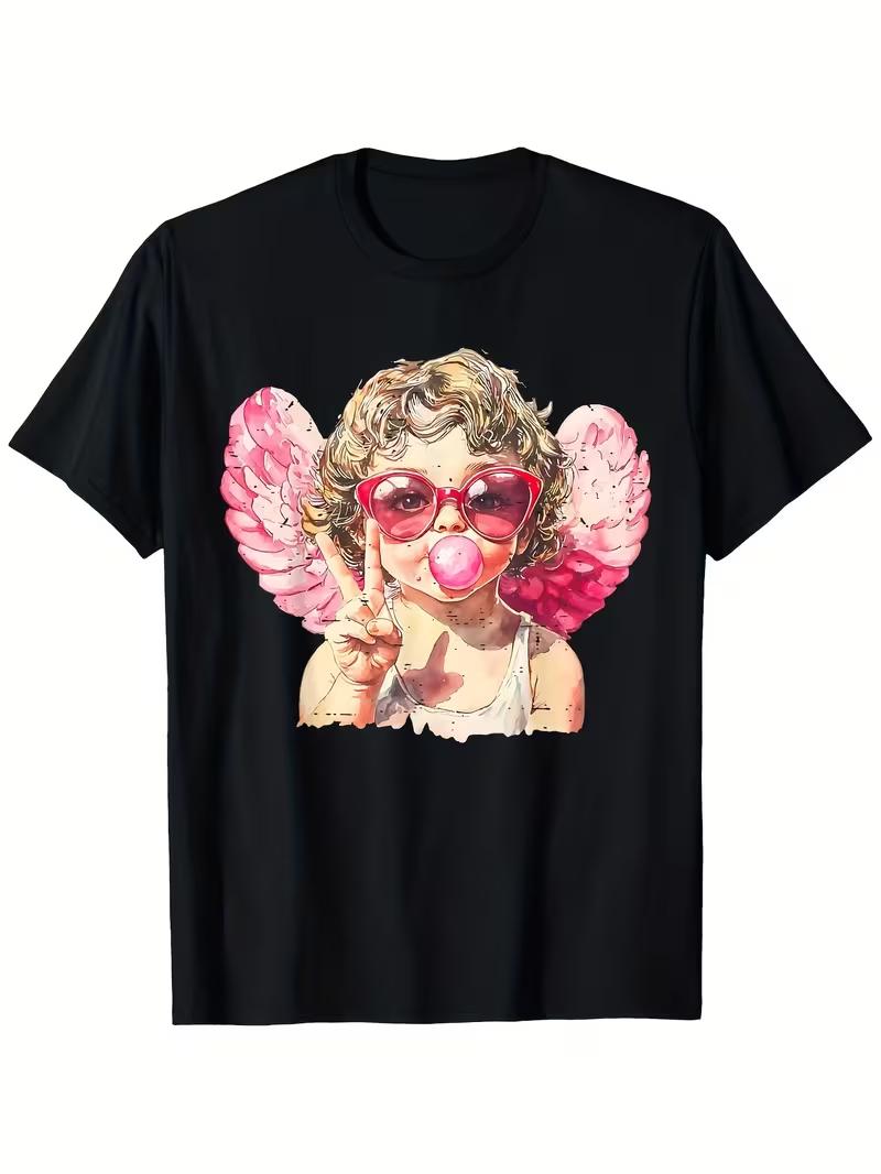 

Angel Little Girl, Patterned Printed T-shirt, Short Sleeved V-neck Casual Top, Summer Women s Clothing T Shirt Women Vintage S разноцветный