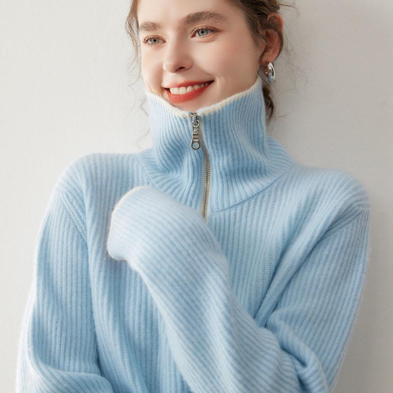 Women's Korean Style Half-Zip Cashmere Sweater - Loose, Slimming, Thickened Pullover with Turn-Down Collar for Autumn/Winter.