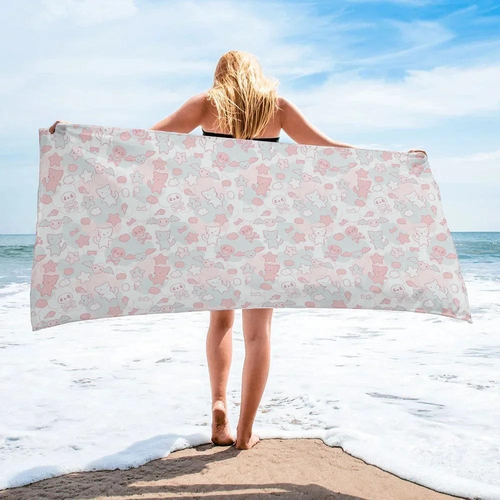 Pastel Pink And Blue Cute Animal Pattern Beach Towel, Sand‑Proof Lightweight Towel For Kids And Kawaii Style Lovers