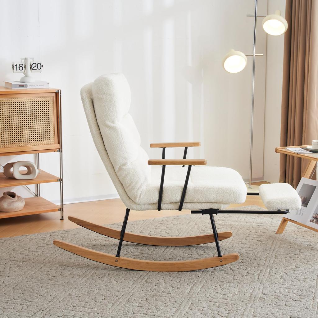 Schaukelstuhl Fußstütze Armlehnen, Relaxsessel 5-Fach Rückenlehne, Rocking Chair Holzsockel Teddyplüsch Schlafzimmer Wohnzimmer Weiß