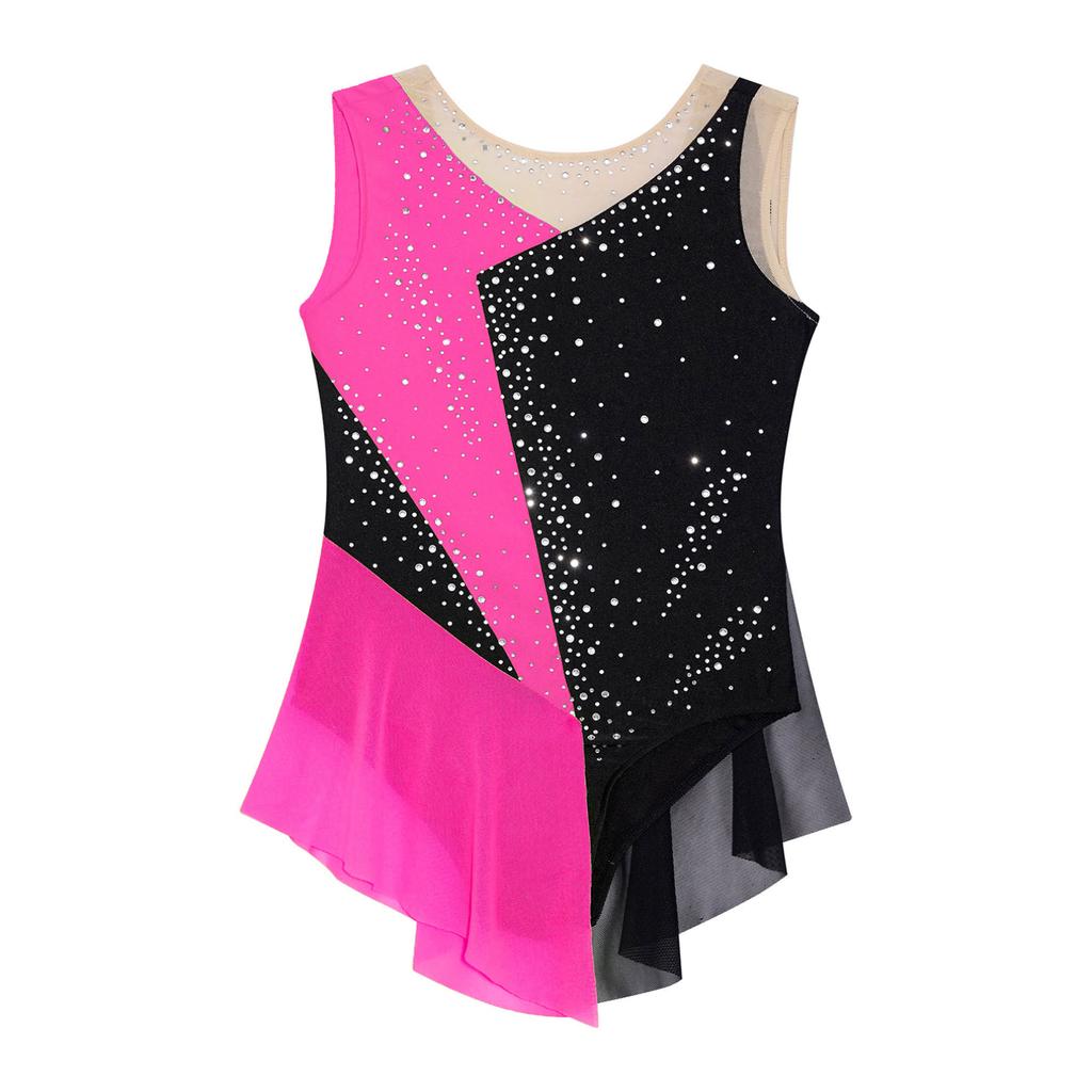 Kids Girls Sparkly Rhinestone Leotard Sheer Mesh Patchwork Sleeveless Dance Gymnastics Figure Skating Dress