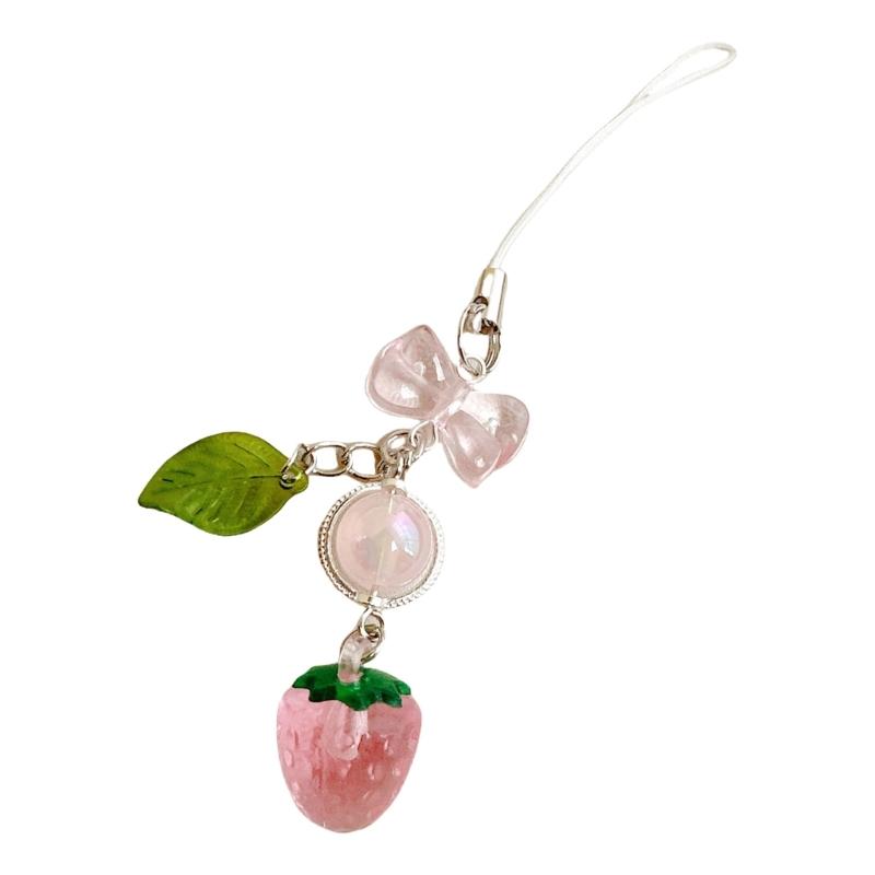 Lace Ribbon Keyring Cute Sweet Strawberry Pendant Keychain Colorful Beaded Phone Lanyard Multi-Functional Bags Accessories