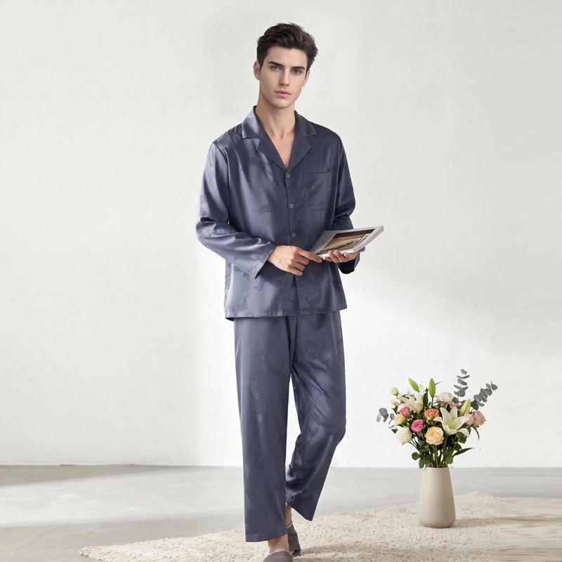 Ice silk pajamas men's spring and summer jacquard horse simulation silk long-sleeved trousers set simple thin loose loungewear