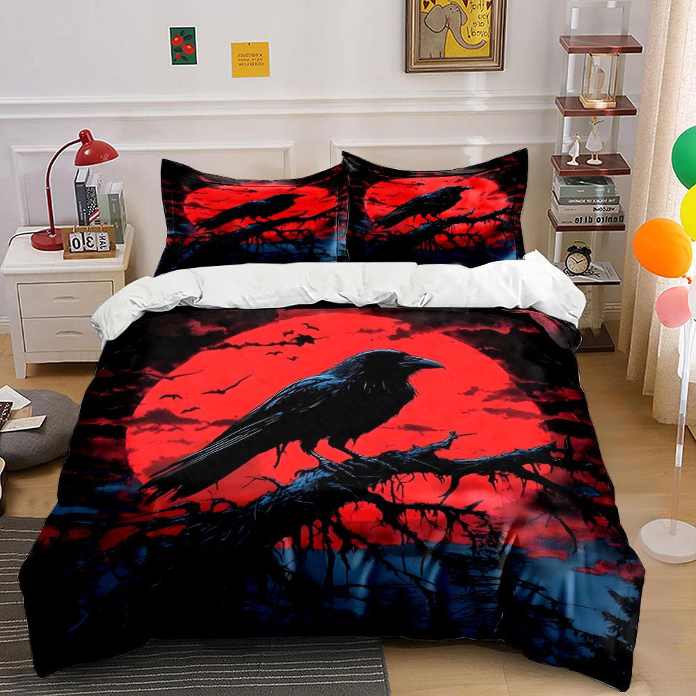 Raven and Red Moon Night Scene Bedding Duvet Cover Set (1*Duvet Cover 2*Pillowcases, Without Duvet Insert)