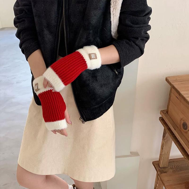1Pair Fingerless Gloves Solid Color Plush Warm Knitted Soft Half-Finger Flexible Cold-proof