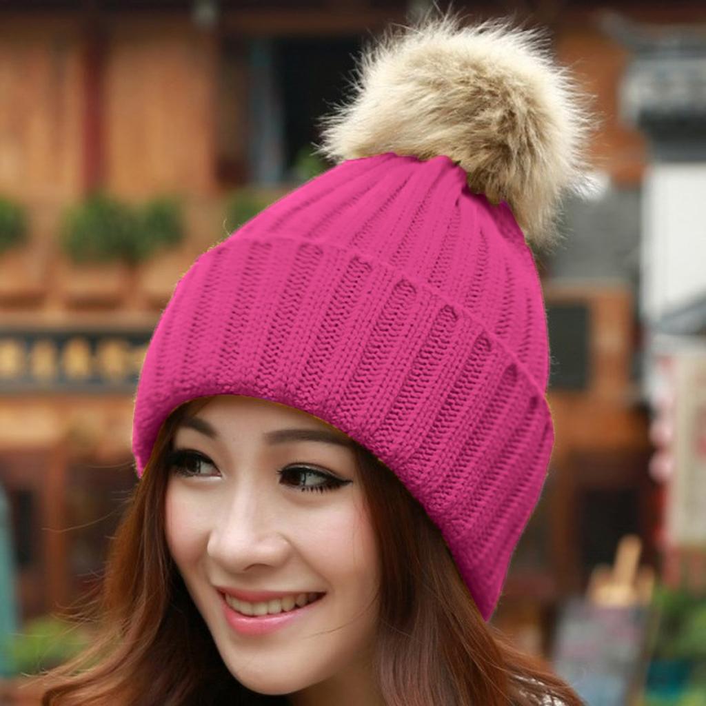 Women Winter Warm Knitted  Cute  F-ur Ball Yarn Hat