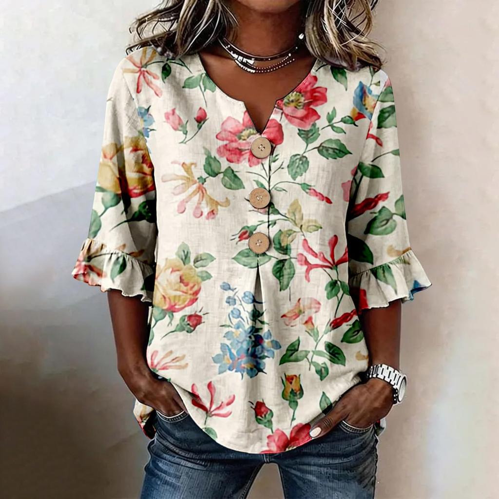 Women V Neck Floral Print Button Loose Fit Ruffle Sleeve Blouse Casual Comfortable Top for Daily Wear Office Travel