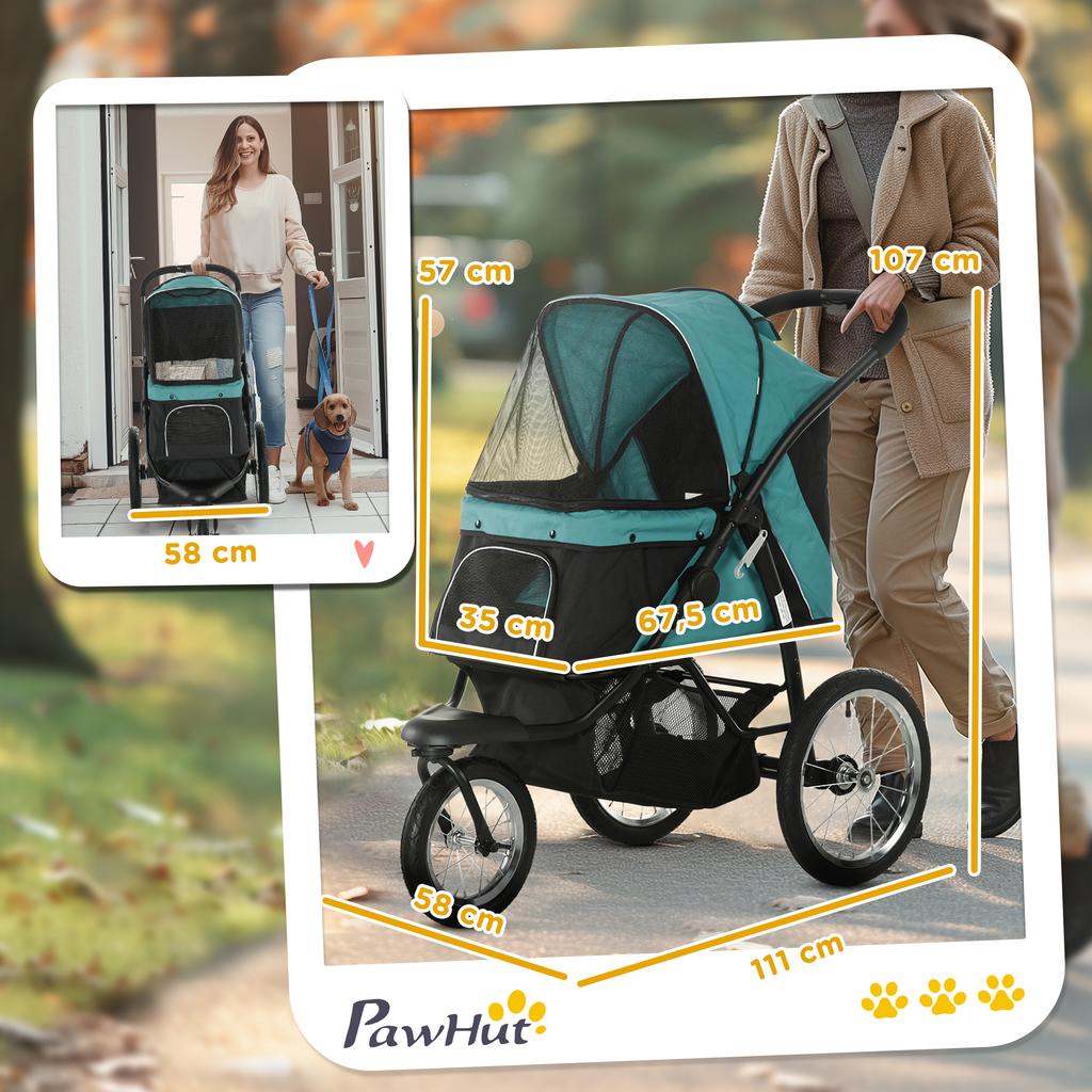 Folding Dog Stroller, All-Terrain, Adjustable Canopy, 111 x 58 x 107 cm, Dark Green